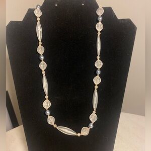 Vintage Frosted Lucite Bead Necklace Ribbed & Tapered Beads Gold-Tone Clasp